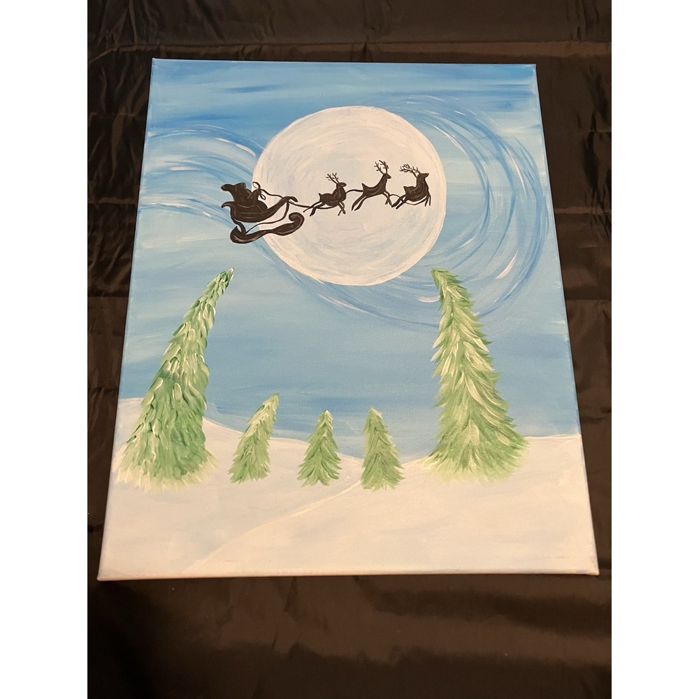 ORIGINAL PAINTING Folk Art Landscape Whimsical Santa SleighMoon Blue Night